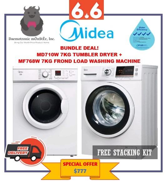MIDEA Washing Machine + Dryer Combo (MF768W+MD710W) FREE Stacking Kit
