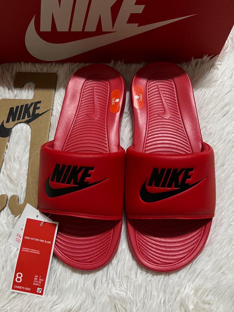 Red nike slides with gold swoosh on sale