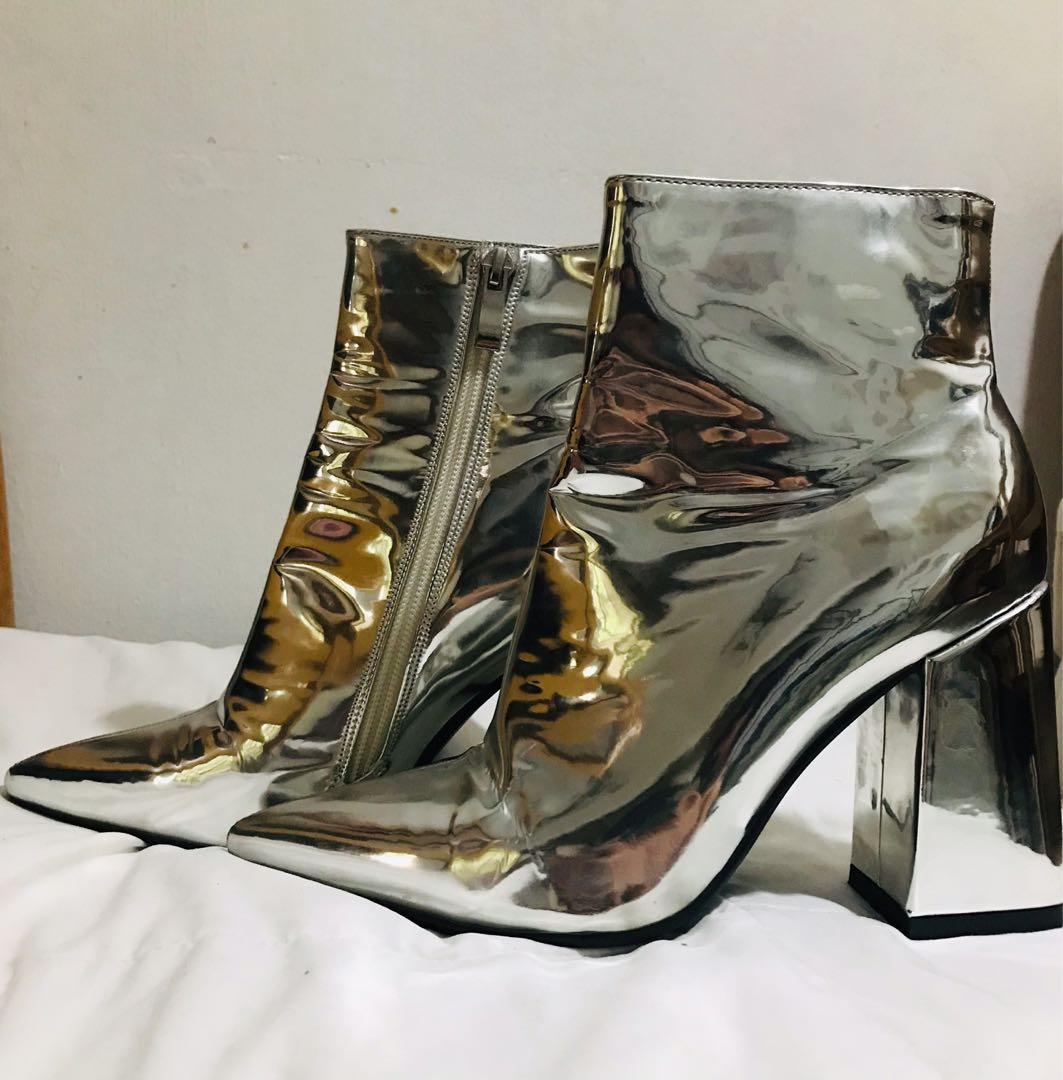 Public Desire Empire Pointed Toe Ankle Boots in Silver Metallic