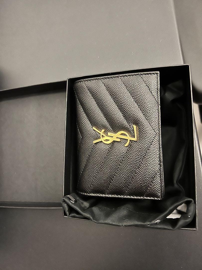 Saint Laurent Cassandre Matelasse Card Case in Grain De Poudre Embossed  Leather Dark Beige