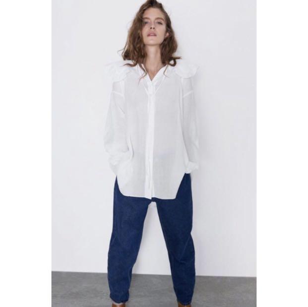ZARA Top Collar White, Fesyen Wanita 