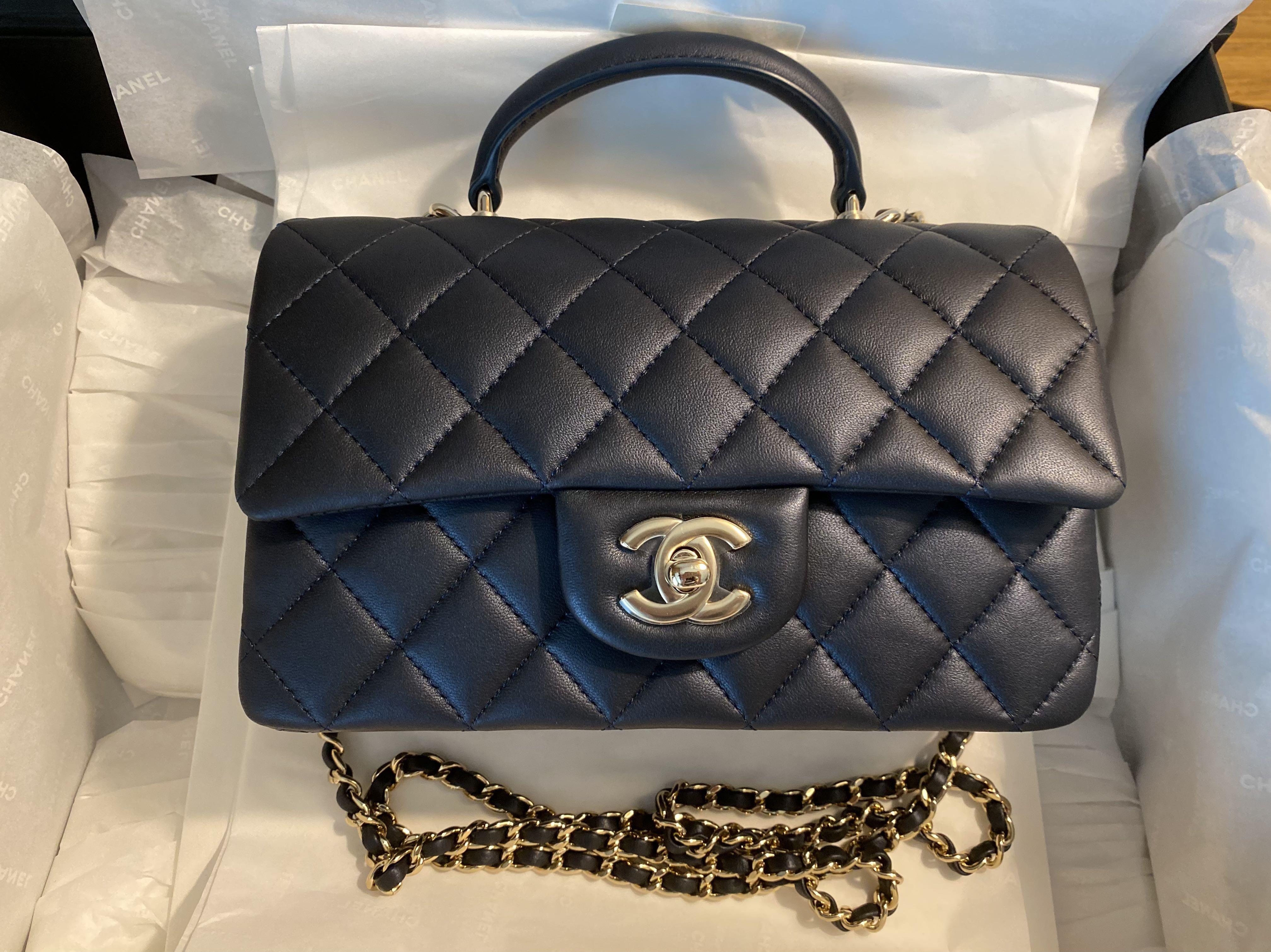 22A Chanel Mini Top Handle Dark Navy LGHW, Luxury, Bags & Wallets on  Carousell