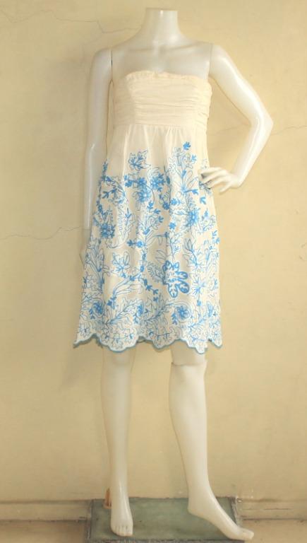 Anthropologie VANESSA & VIRGINIA Cream Embroidered Stitching Cornflower  Strapless Tube Dress, Women's Fashion, Dresses & Sets, Dresses on Carousell