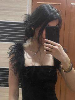 Black Velvet Slit Dress with Feather Straps