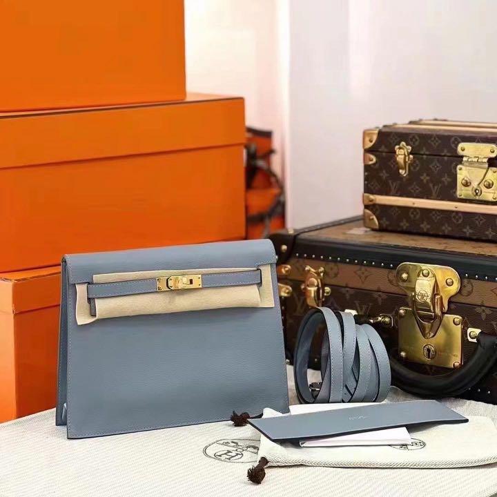 Hermes Kelly Danes Evercolor J7 Blue Lin GHW Stamp Z