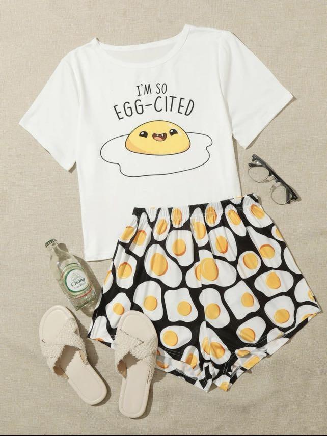 Poached Egg Print Pajama Set Women s Fashion Undergarments Loungewear on Carousell