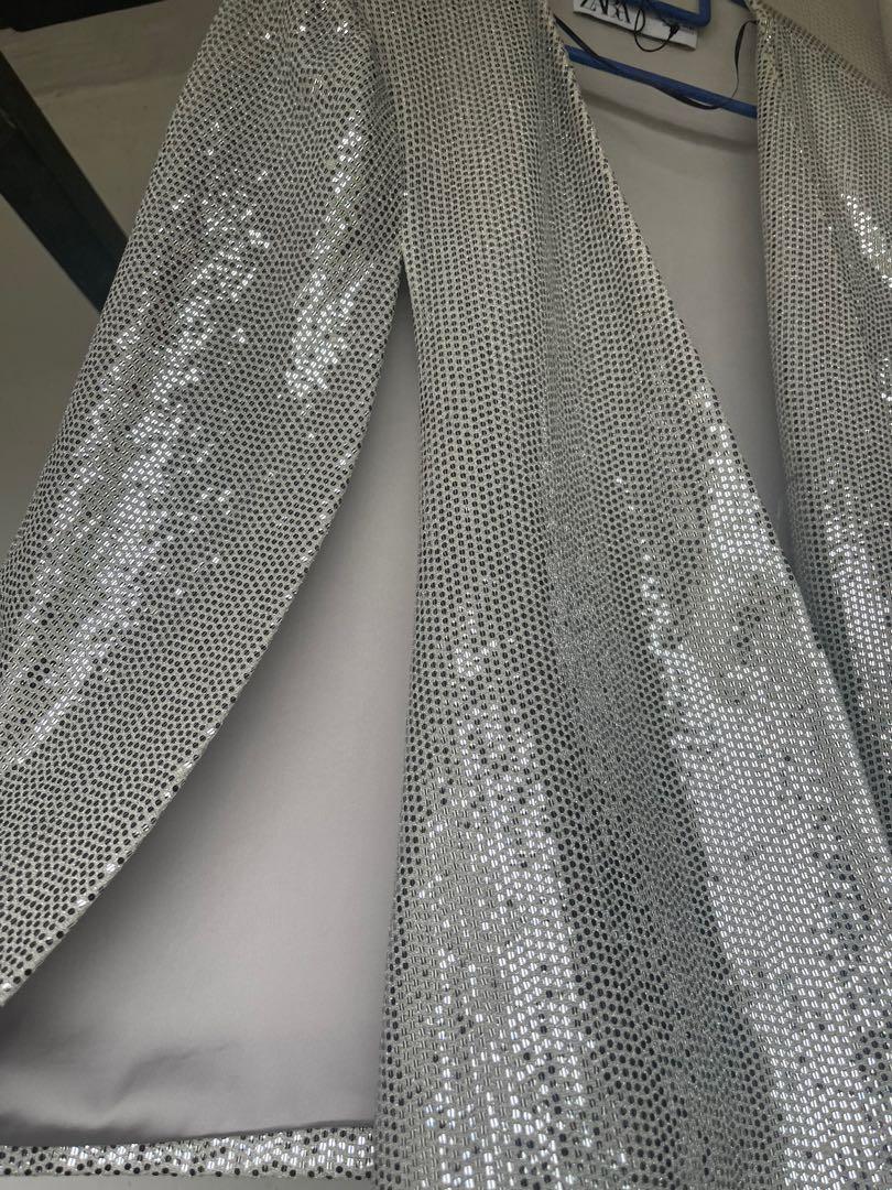 Silver Shiny Sequin Blazer Zara Women s Fashion Coats