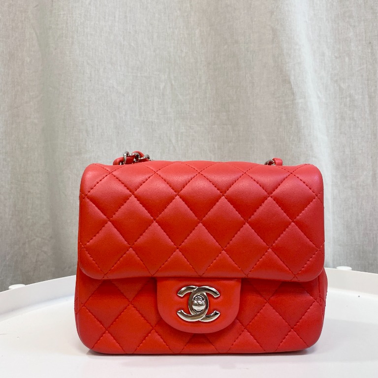 Authentic Chanel Classic Flap Mini Square Red in Lambskin Silver