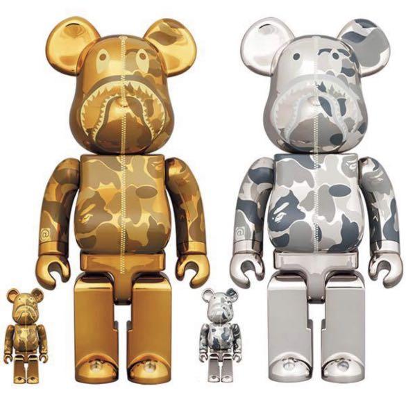 快貨)BEARBRICK BAPE CAMO SHARK 100% & 400% gold silver a bathing