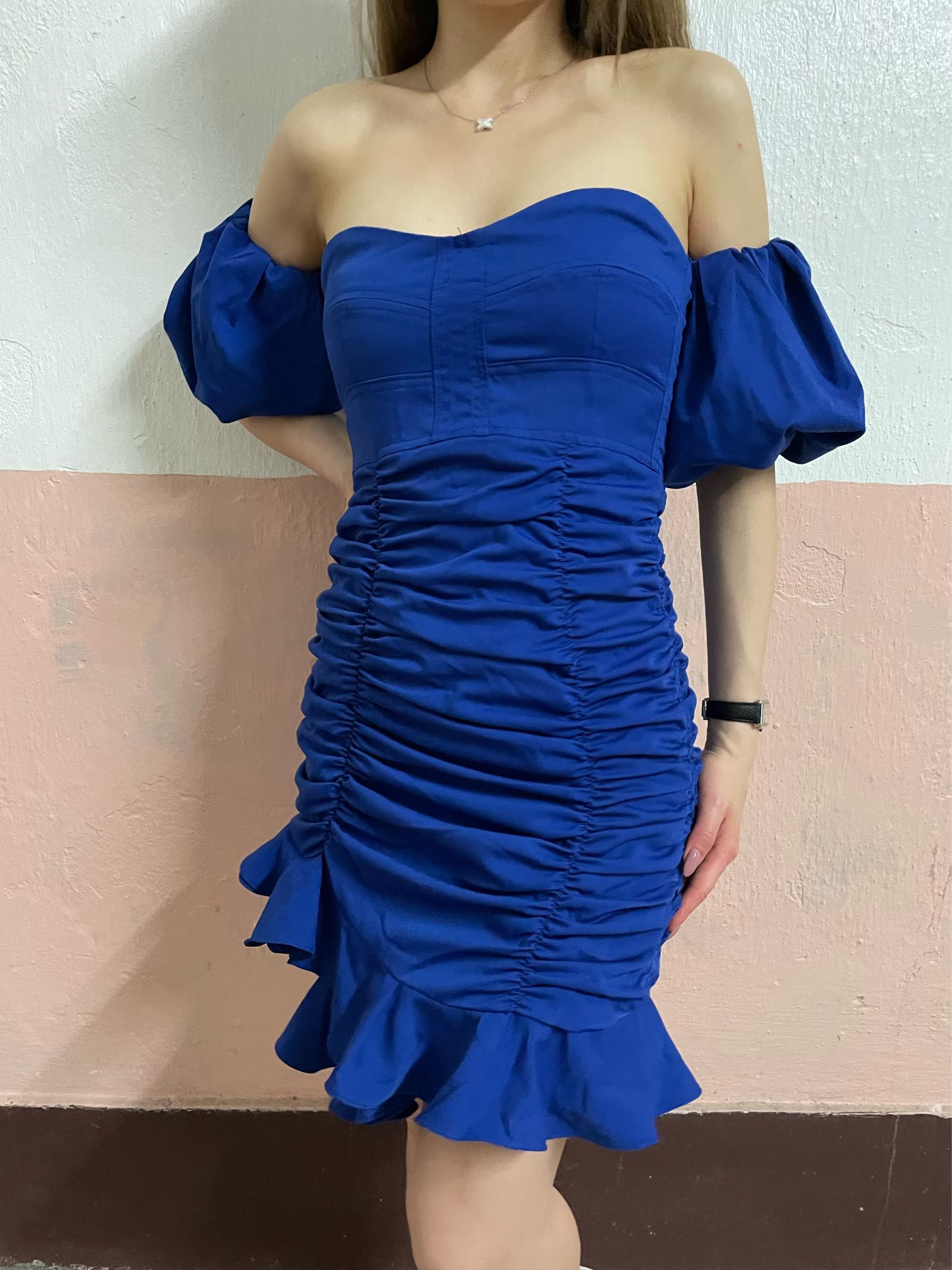 藍色露肩泡泡袖連身短裙blue off shoulder 