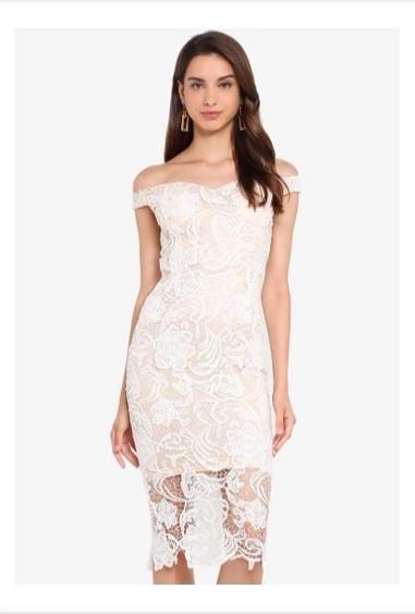 Lace Bardot Midi Dress, Women's Fashion, Dresses & Sets, Evening Dresses &  Gowns on Carousell