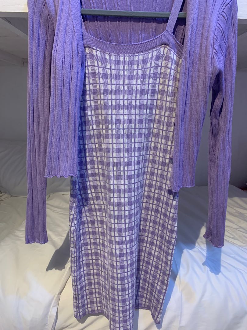 Purple dress with best sale cardigan