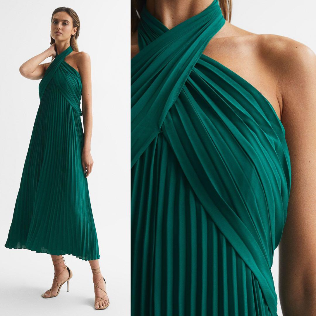 REISS halter neck pleated midi dress green and red Women s Fashion Dresses Sets Dresses on Carousell