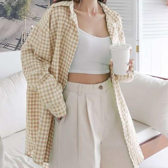 Shein beige oversized flannel blouse 