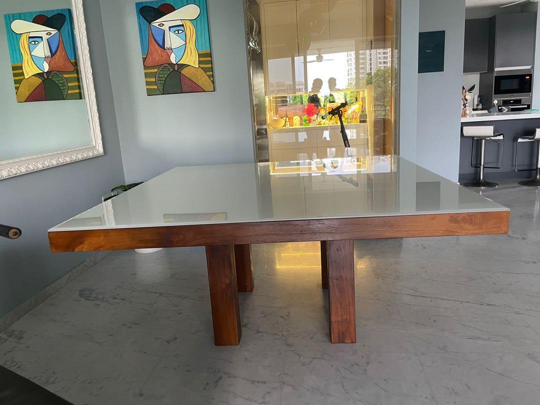 Teak Dining Table with a glass top, Furniture & Home Living, Furniture