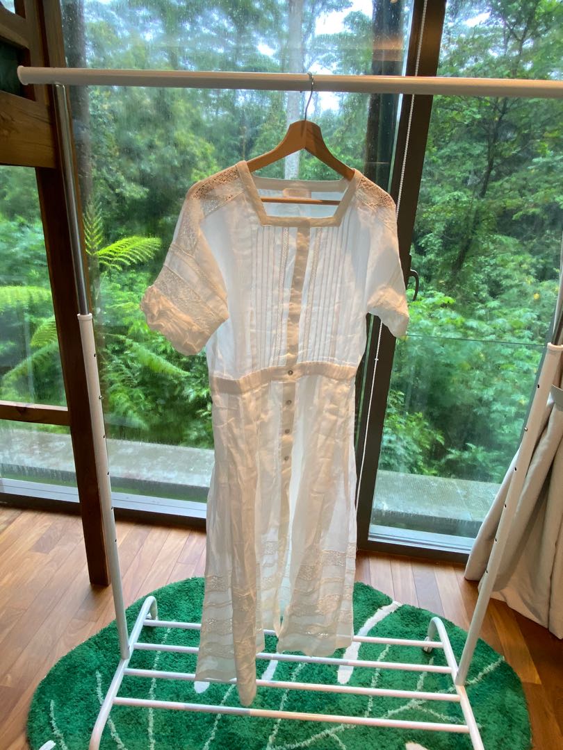White linen button up dress with lace inserts. Women s Fashion