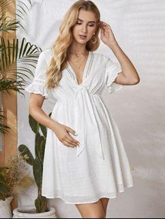 WHITE MATERNITY TIE FRONT FLOUNCE DRESS