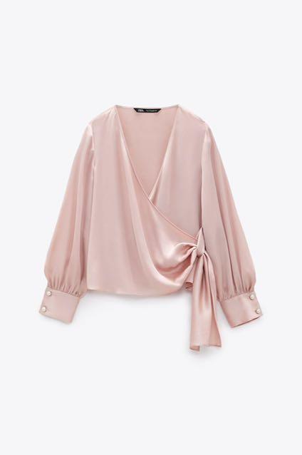 Zara Satin effect wrap top in pink, Women's Fashion, Tops, Blouses on  Carousell