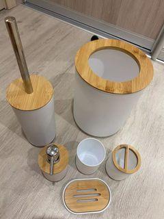 Bamboo Bathroom Set 6pcs Toothbrush Holder Trash Can Toilet Brush Soap Dish Cup