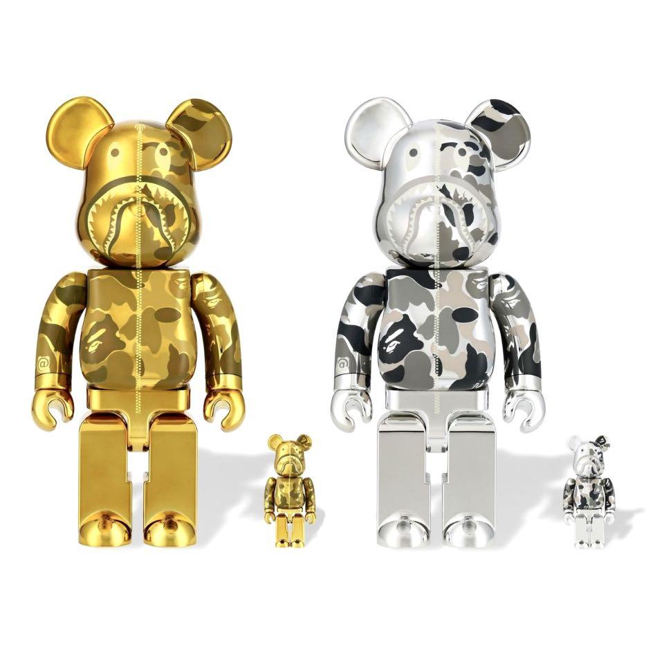 Bearbrick Bape Camo Shark Gold、Silver 100% 400%, 興趣及遊戲, 玩具 