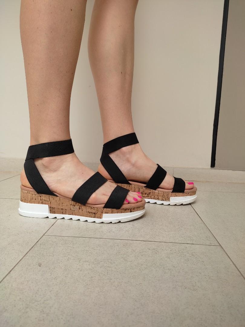 Black strappy flatform platform wedge sandals with elasticated straps women s fashionable comfortable comfy flats shoes sandals