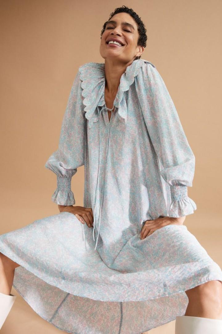 H M Long Flounce Collared Dress in Light Turquoise Floral Women s