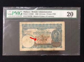 PMG20 Last Prefix Malaya & British King 1940 25 Cents F183726