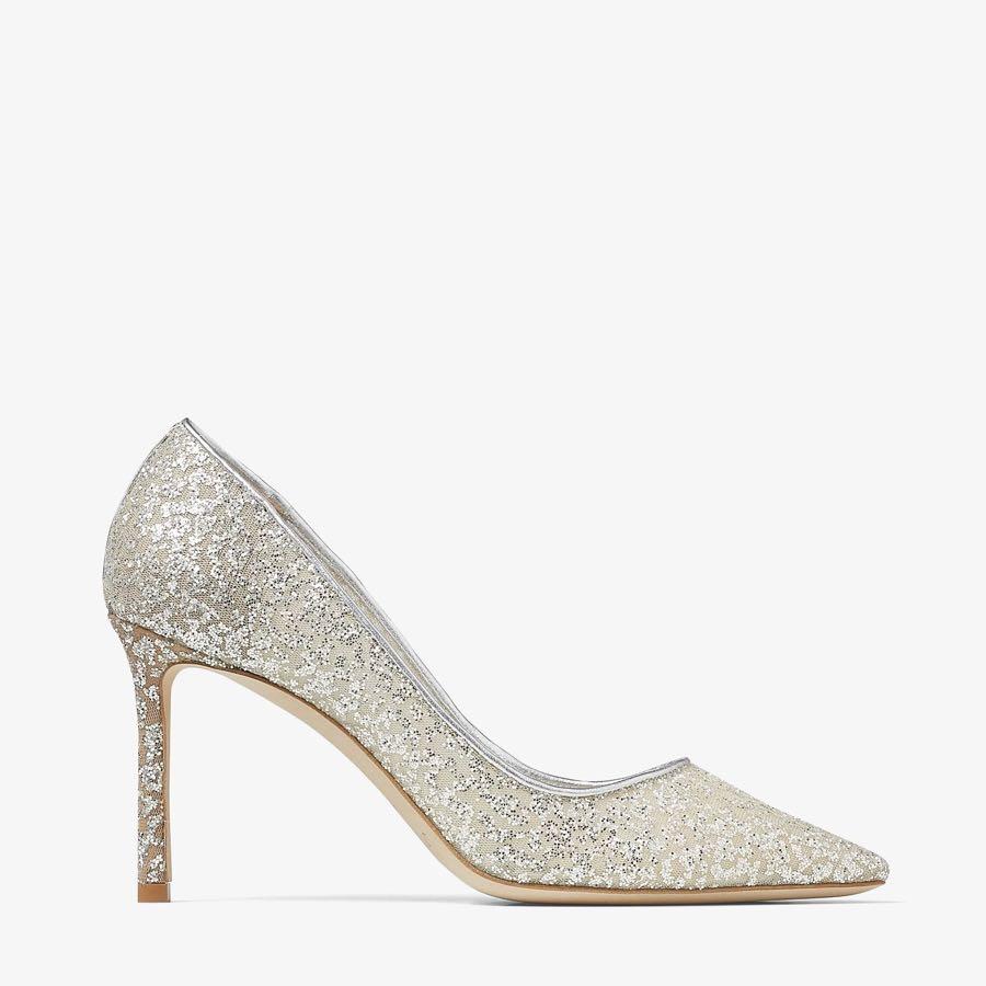 Romy 85 Silver Glitter Tulle and Metallic Nappa Pointy-Toe Pumps