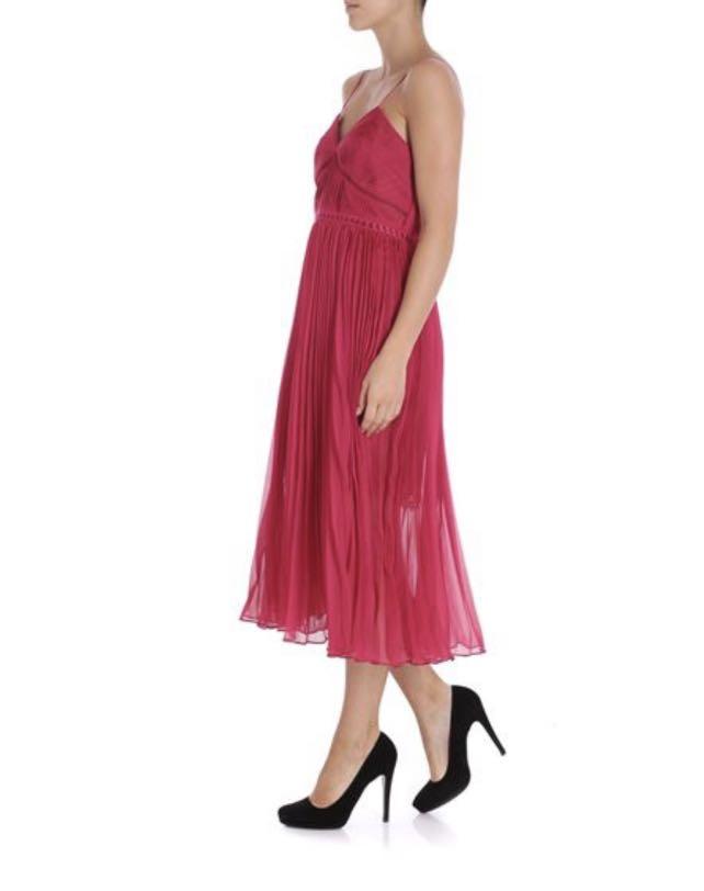 Fuchsia pleated chiffon midi cheap dress