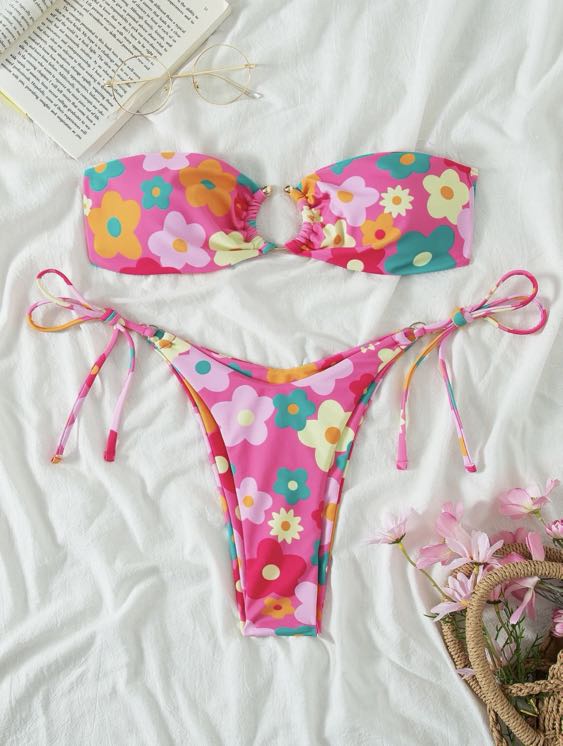 SHEIN Floral Ring Tied Bikini in Floral Pink, Women's Fashion, Swimwear