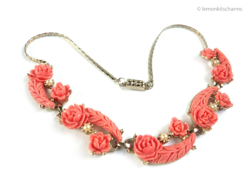 Vintage 1950s Coral coloured Rose Necklace nk1334 ci Women s