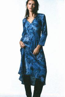 ZARA Floral Blue Black Print Dress