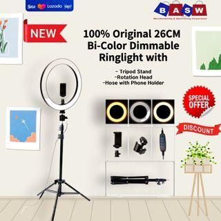 100% Original 26CM Bi-Color Dimmable Ringlight  with 210CM Tripod With Rotation Head and Hose with Phone Holder