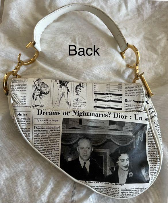 Authentic Christian Dior white leather newspaper theme embroidery saddle hand bag