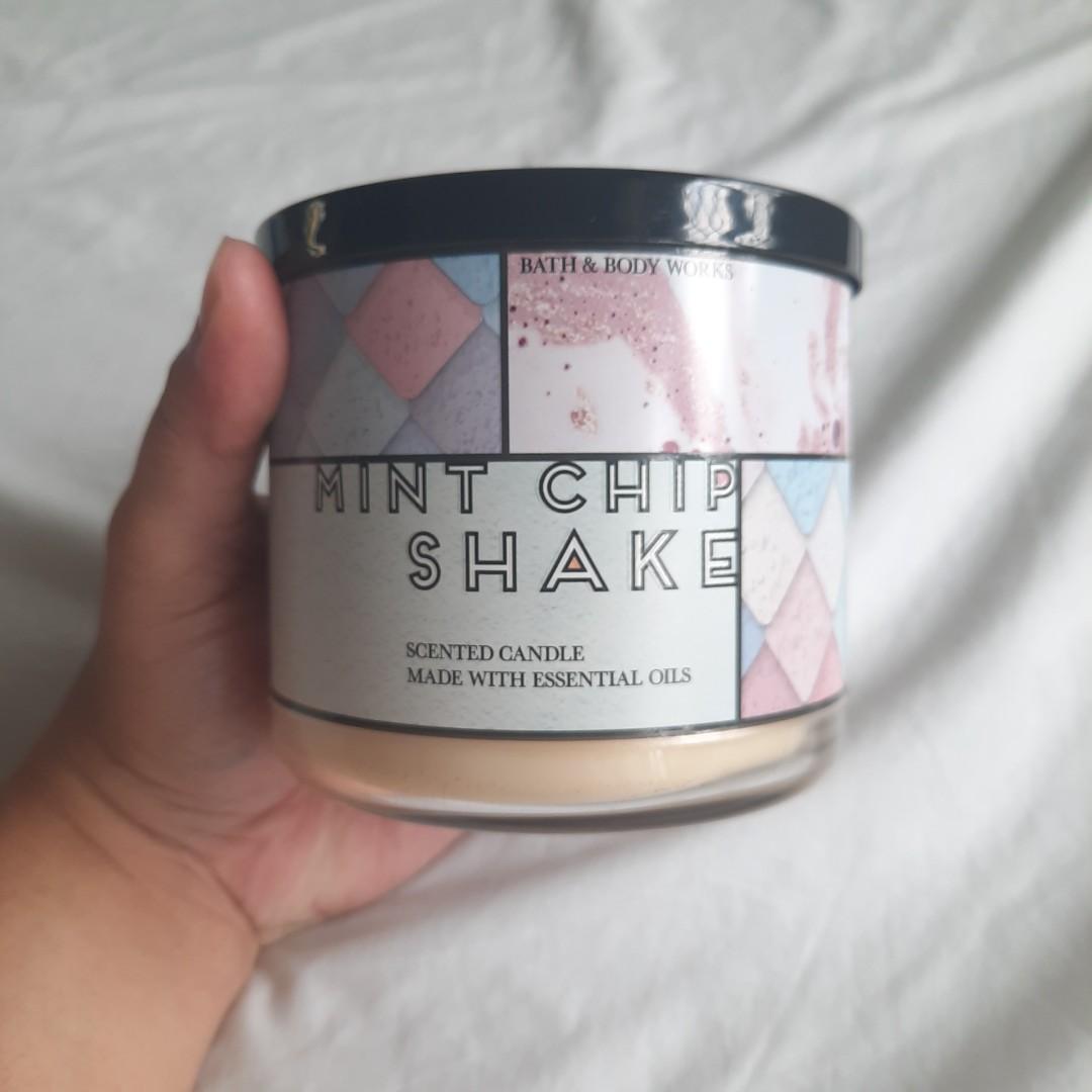 Bath and Body Works 3 Wick Candle (Mint Chip Shake) (Category: Home Fragrance) located in Quezon City. Submitted by awildlavender (Listing ID 1164869676, Image 1). Description: RFS: Decluttering -50% full.