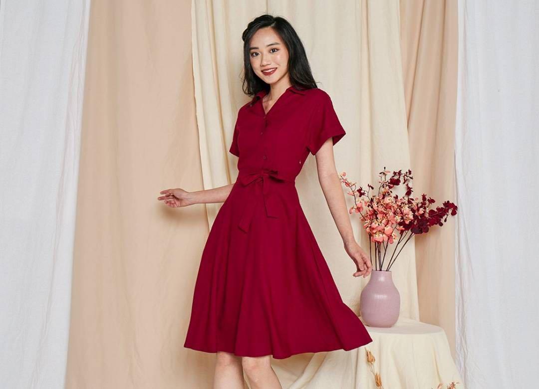 Red linen midi dress top