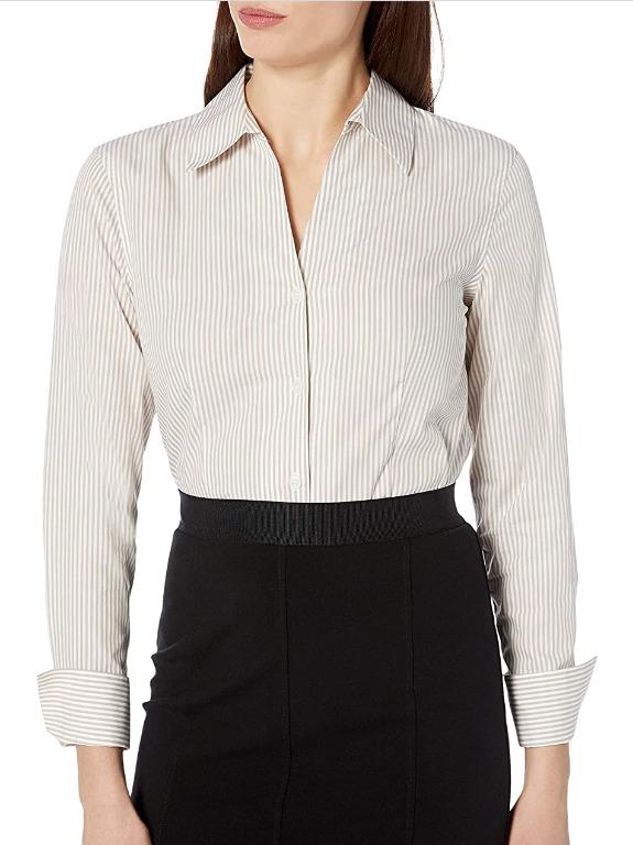 Calvin Klein Women s Long Sleeve Khaki White Pinstripe Button Down