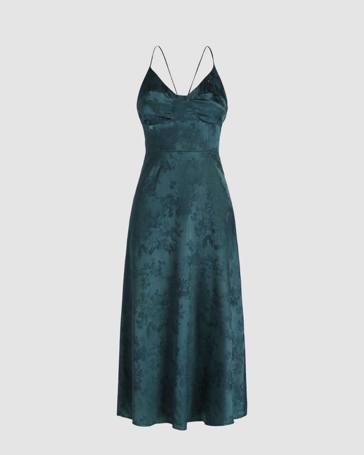 Cider Solid Floral Jacquard Vneck Midi Dress, Women's Fashion