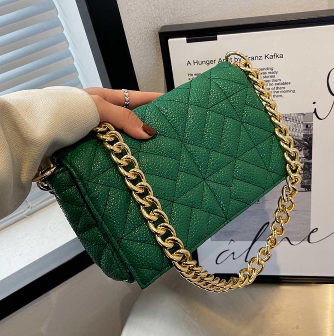 Green Shoulder Bag with Gold Chain, Women's Fashion, Bags & Wallets