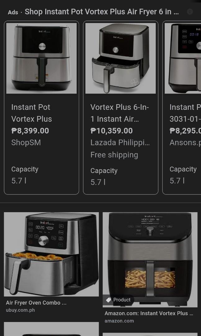 Instant Pot Vortex Air Fryer (Category: Fryers) located in Manila. Submitted by deshenyo (Listing ID 1164969510, Image 1). Description: Instant Pot Vortex from USA. so uses 110v dont attempt on 220v from the Philippines you can buy a/my converter One of the best and bigger space air fryers Check the ratings all over the world its one of the top in the list Used once or twice for fries so we dont use it at all sayang lang.