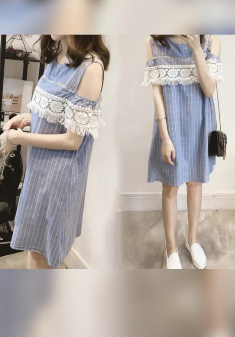 Light denim white vertical stripes nursing breastfeeding pumping dress cold shoulder type with lace
