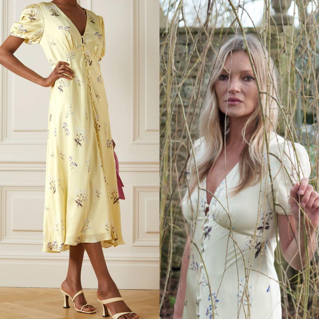 Self Portrait Alyssa Yellow Florals Satin Midi Dress authentic