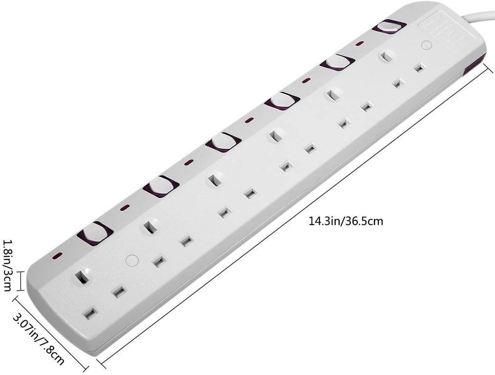 TISDLIP Power Strip with Individual Switches Multi-Sockets 6 Gang 1.8M Extension Lead White 3250W 