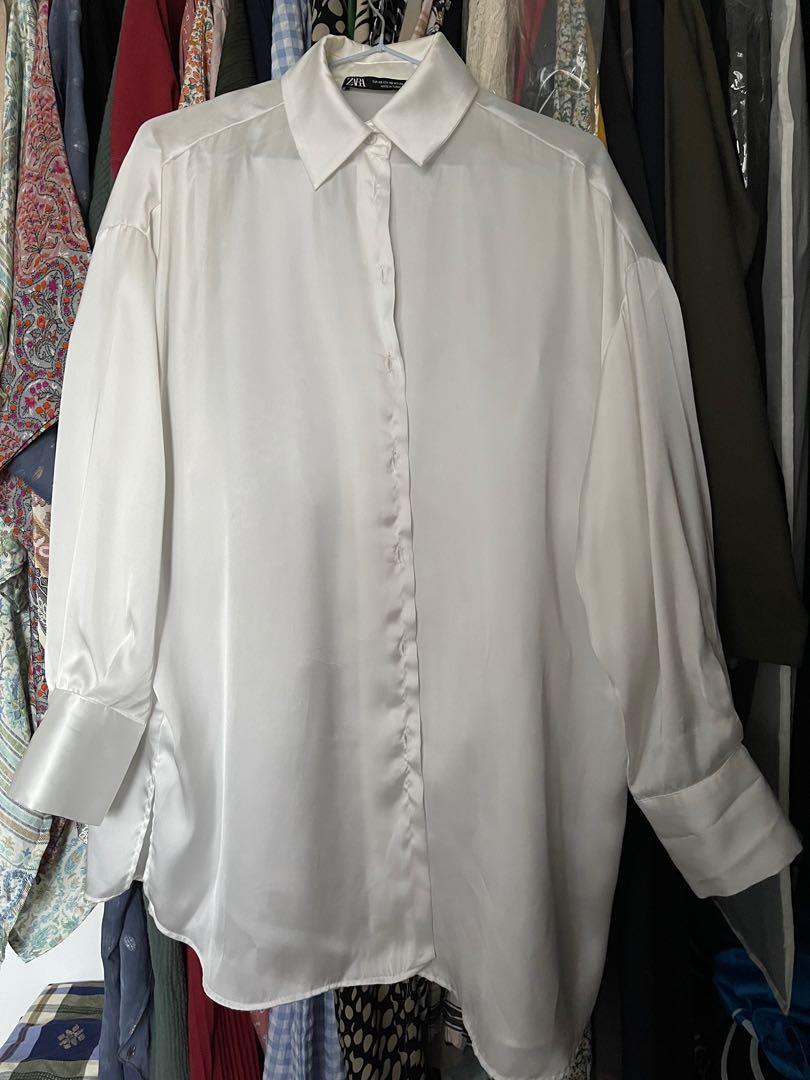 White Silk Zara Shirt, Women's Fashion, Muslimah Fashion, Tops on Carousell