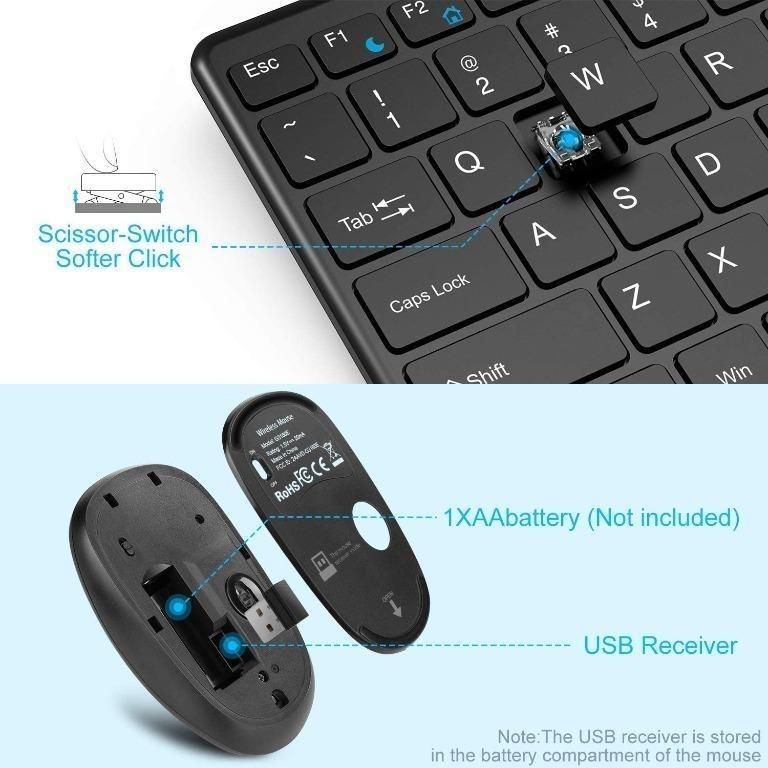 Wireless Keyboard and Mouse Combo, WisFox 2.4G Full-Size Slim Thin Wireless Keyboard Mouse for Windows, Computer, Desktop, PC, Laptop Mac (Black and B