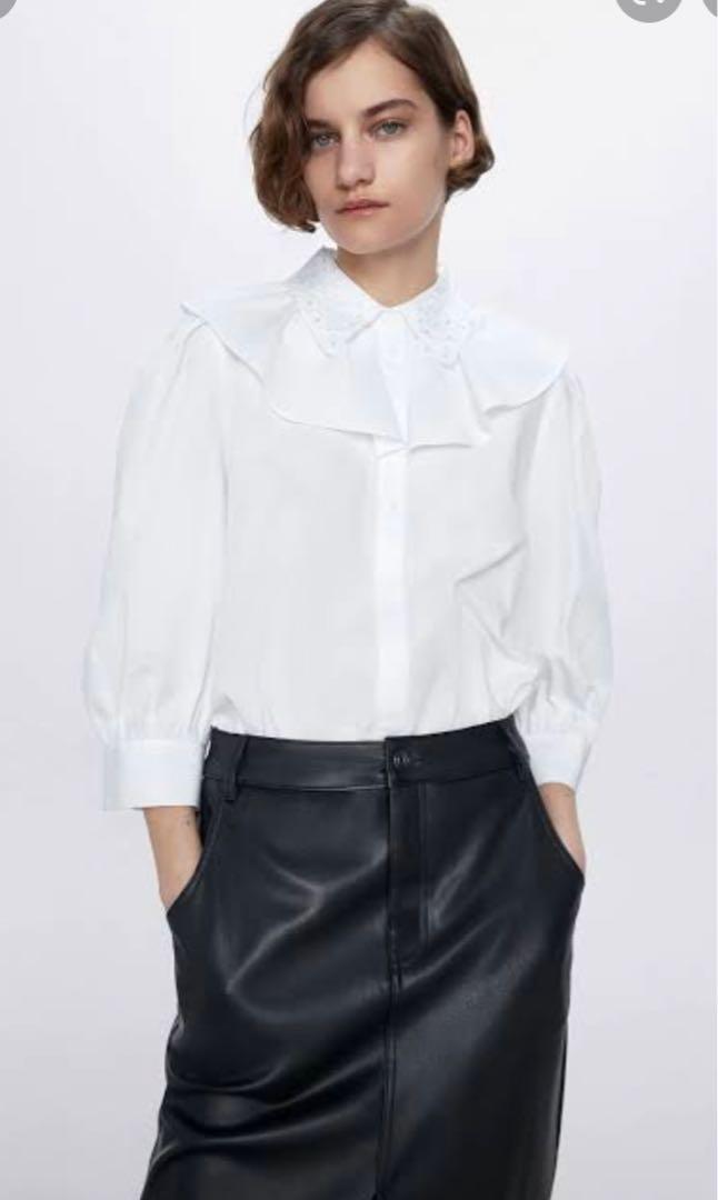Zara Embroidered Peter Pan collar top, Women's Fashion, Tops