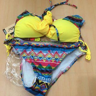 全新🌈螢光黃民族圖騰綁帶美背比基尼👙泳衣泳裝 亮色系 泡溫泉 夏天玩水必備 #可換物 #衣換衣