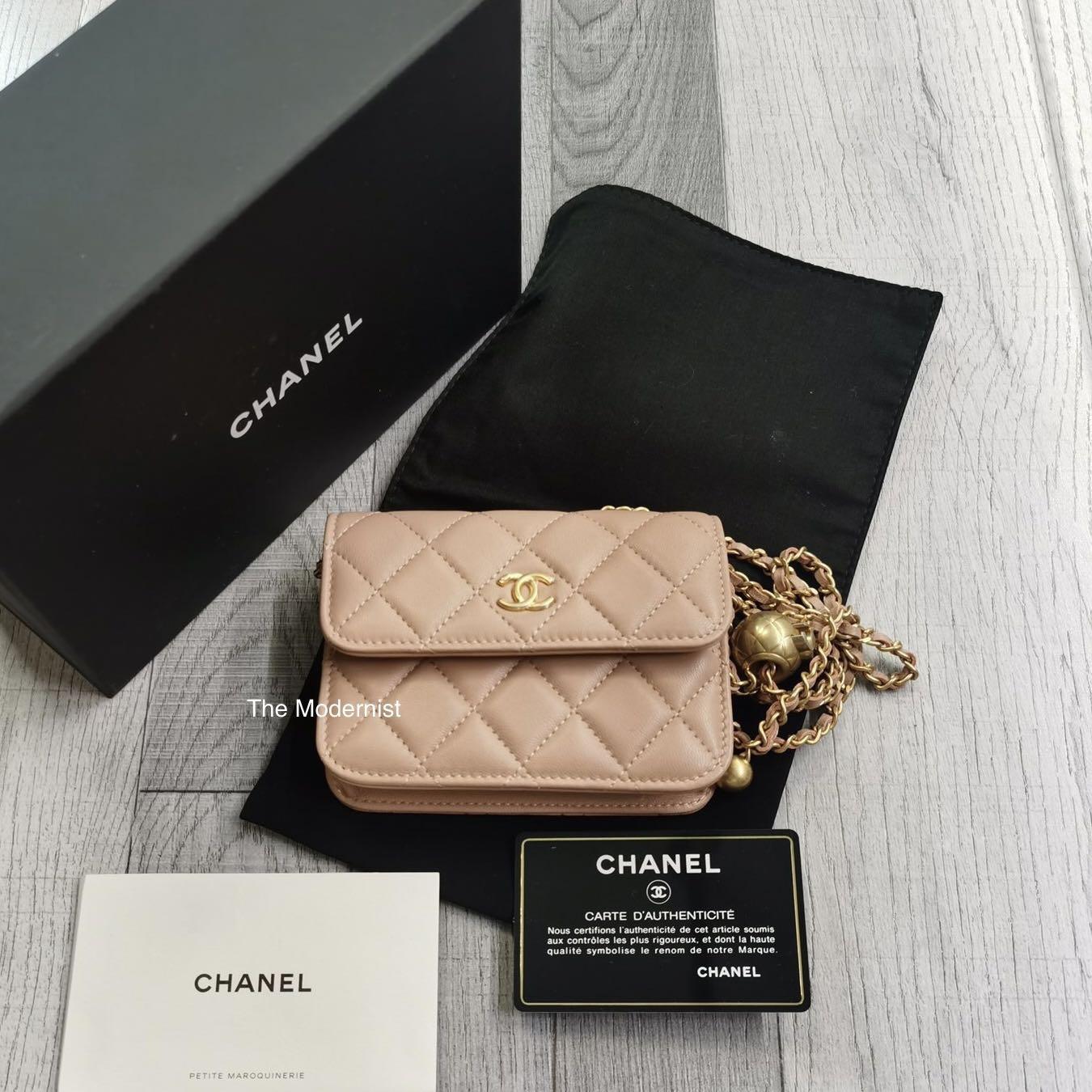 Authentic Chanel Nude Pink Chain Belt Bag with Gold Pearl Crush
