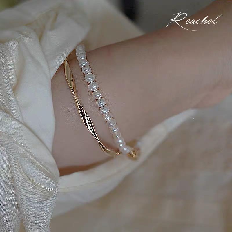 Gold Bangle Pearl Bracelet Set Women s Fashion Jewelry