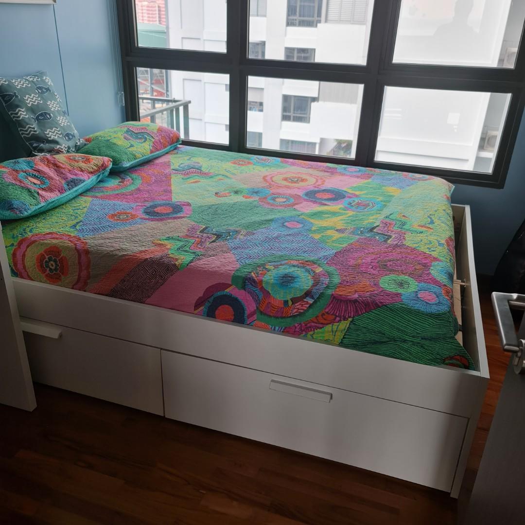 Ikea bed queen size with 4 drawers st the side, Furniture & Home Living